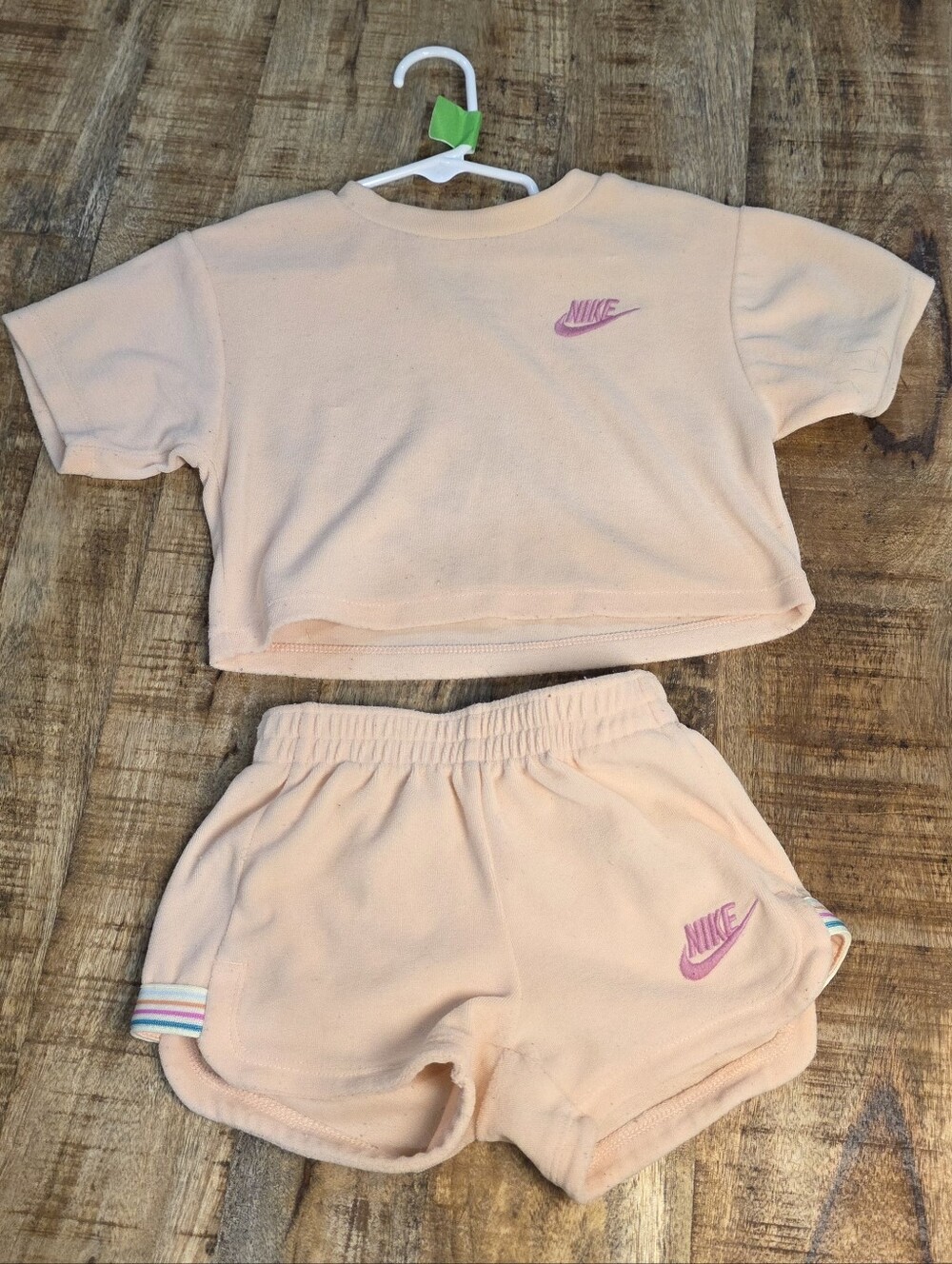 Nike Peach Girls Two-Piece Crop Tee & Shorts Set with Pink Logo